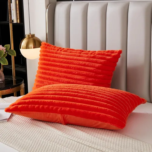 Miniatura 7 de Juego de 2 fundas de almohada para cama tamaño king, fundas de cojín rectangulares lumbares con diseño de rayas, forro de piel de conejo sintética