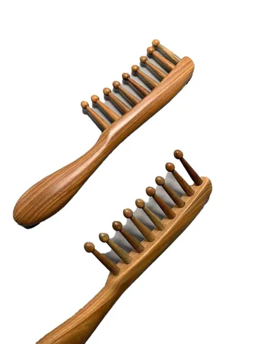 Miniatura 5 de Peine de masaje meridiano de nueve dientes de sándalo verde para el crecimiento del cabello, masaje del cuero cabelludo, cuidado facial y relajación