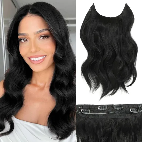 Miniatura 10 de Extensiones de cabello con halo de 12 pulgadas con alambre invisible, cabello largo ondulado ajustable, sintético, mejora con 4 clips de seguridad