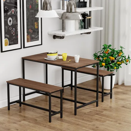 Miniatura 3 de Yongchuang Juego de mesa de comedor de cocina de 44 pulgadas para 4, mesa de cocina de 3 piezas con 2 bancos para comedor, espacio pequeño, mesa