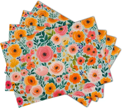 Miniatura 2 de Juego de 4 manteles individuales con estampado de flores de acuarela para decoración de mesa de comedor en el hogar, interior y exterior