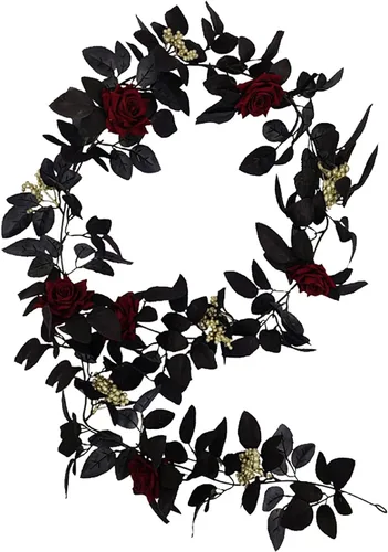 Miniatura 8 de Guirnalda artificial de seda negra de 5.9 pies para Halloween, flores artificiales de seda con hojas, flores decorativas artificiales para colgar