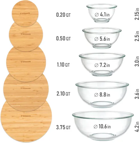 Miniatura 2 de Juego apilable de 5 cuencos de vidrio anidados para ahorrar espacio con tapas de bambú para preparación de alimentos, almacenamiento, horneado