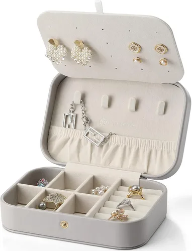 Vlando Joyero pequeño, organizador de joyas de viaje para aretes, collar, anillo, organizador de joyas de viaje portátil de doble capa para mujeres