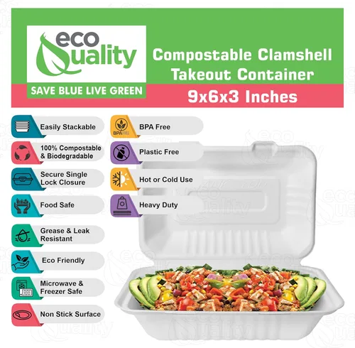 Miniatura 2 de Recipientes de alimentos rectangulares compostables con bisagras para llevar 9x6x3,Contenedores desechables para llevar, contenedores desechables