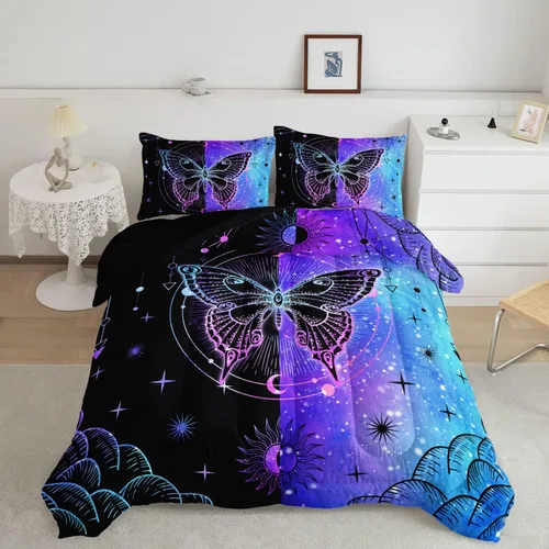 Miniatura 4 de Datura home Juego de edredón de mariposa negra y azul para niñas y mujeres, juego de ropa de cama bohemio con estampado de mandala de mariposa, sol