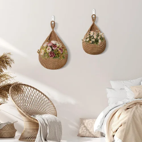 Miniatura 7 de Paquete de 4 cestas colgantes de frutas para cocina, cesta bohemia para colgar en la pared con 8 ganchos fuertes, cesta colgante 100% tejida a mano