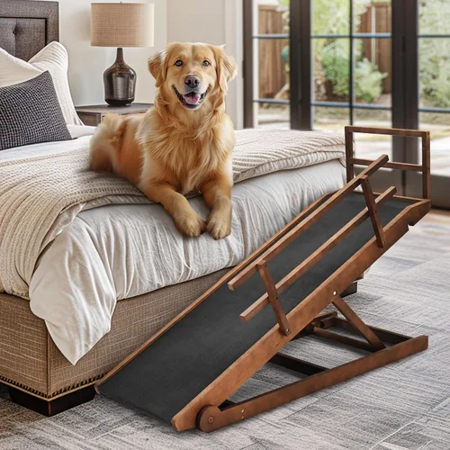 Miniatura 10 de Rampa para perros, rampa plegable de madera ajustable de 5 niveles para cama mediana, sofá, SUV - Alta tracción, rampas portátiles para mascotas