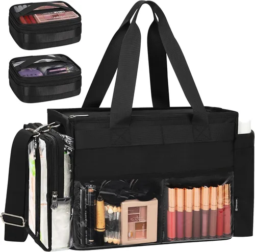 Miniatura 9 de TANTO Bolsa de maquillaje extra grande, bolsa de maquillaje para artista con divisor, bolsa organizadora de cosméticos profesional, bolsa