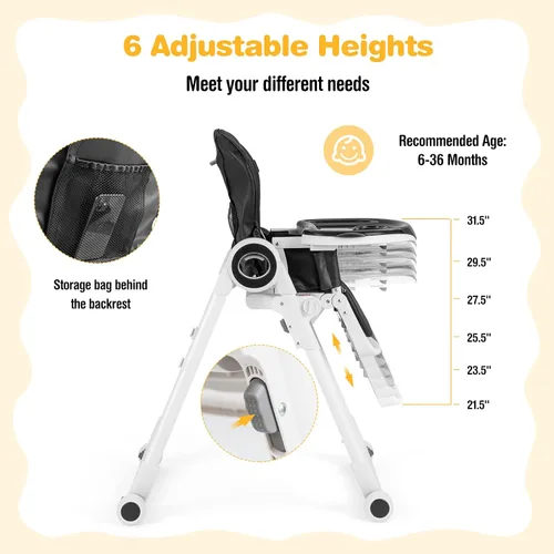Miniatura 2 de BABY JOY Silla alta para bebés y niños pequeños, silla alta plegable con respaldo/reposapiés/altura del asiento, bandejas extraíbles dobles, cojín