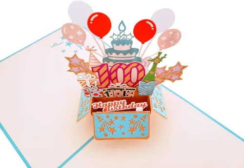 Miniatura 9 de iGifts And Cards Tarjeta desplegable 3D de cumpleaños número 100: caja de fiesta azul centro de mesa de champán - Saludo de hito para padres