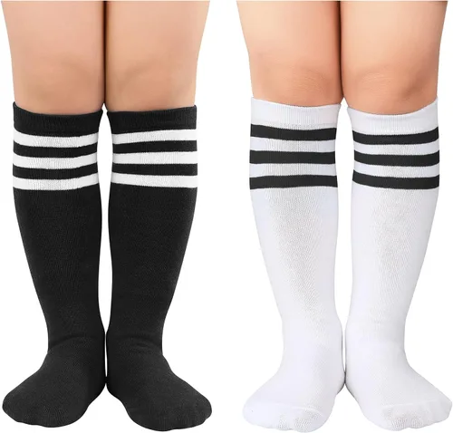 American Trends Calcetines de fútbol para niños, calcetines de tubo alto hasta la rodilla para niños y niñas, calcetines deportivos largos a rayas