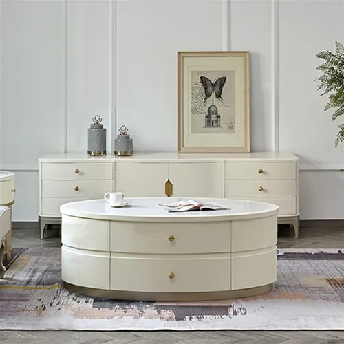 Miniatura 5 de Mesa de té para sala de estar, mesa de centro moderna con mesa única y base estable, mesa de sofá ovalada con 2 cajones grandes para sala de estar