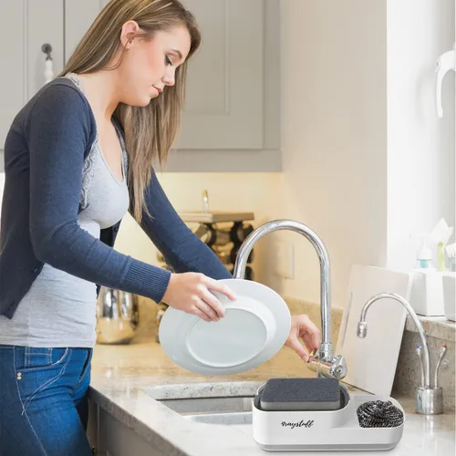 Miniatura 5 de Dispensador de jabón para platos para fregadero de cocina 2 en 1 con soporte para esponja. Dispensador de jabón líquido y esponja incluidos.