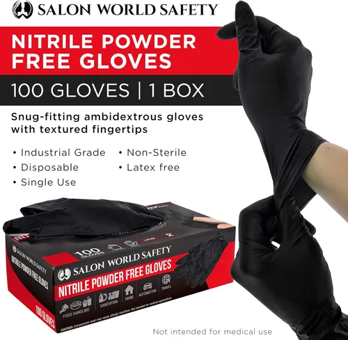 Miniatura 2 de Salon World Safety Guantes desechables de nitrilo negro, caja de 100 unidades, talla XL, 5.0 mil, sin látex, texturizados, aptos para alimentos