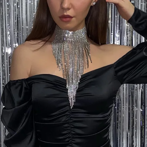 Miniatura 2 de Flyonce - Collar con diamantes de imitación para mujer, gargantilla con borla estilo pechera, joyería para fiesta formal