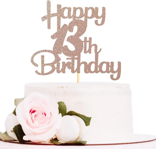 Sotpot Decoración para tarta de cumpleaños número 13, color oro rosa con purpurina para tartas de 13 años, decoraciones para tartas de cumpleaños de