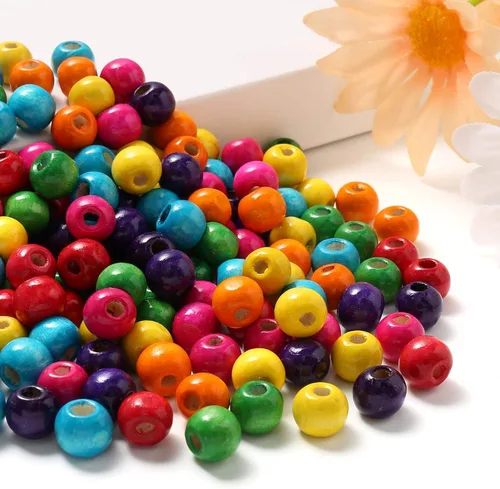 600Pcs Cuentas de Madera Coloridas con Gran Agujero Cuentas Redondas de Pintura a Granel en Madera Natural para Pulseras de Joyería, Collares,