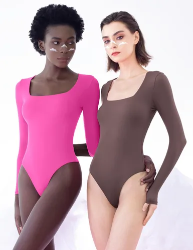 Miniatura 34 de PUMIEY Body sexy de manga larga con cuello cuadrado para mujer, colección Smoke Cloud