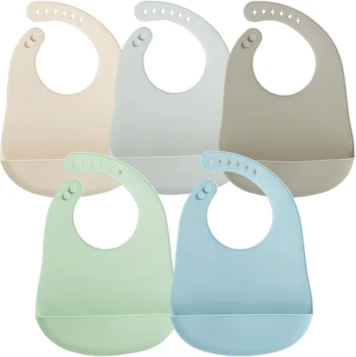 PandaEar Paquete de 5 baberos de silicona impermeables para bebés, babero de alimentación súper fino y ligero con bolsillo para atrapar alimentos
