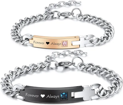 Miniatura 9 de MeMeDIY Juego de pulseras personalizadas para parejas, grabado personalizado con nombre/fecha para hombres, mujeres, novio, novia, acero inoxidable