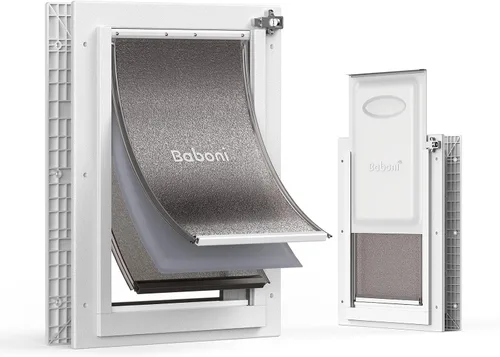 Miniatura 8 de Puerta para mascotas de 3 solapas de Baboni para puertas interiores y exteriores, marco de plástico duradero y túnel telescópico, cerradura
