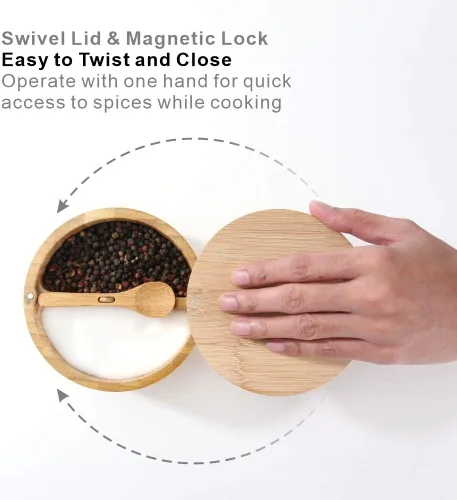 Miniatura 4 de KITCHENDAO Caja de cuenco de sal y pimienta de bambú, doble capacidad de 7 onzas y sótano de sal de bambú, 6 onzas