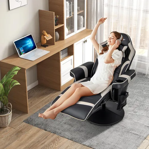 Miniatura 2 de Goplus - Silla gamer con masaje, altura ajustable, para videojuegos, con reposapiés retráctil, soporte para tazas, reposacabezas, silla giratoria
