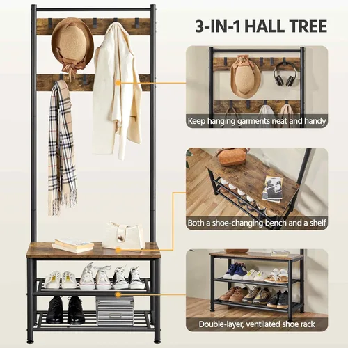 Miniatura 5 de Yaheetech - Perchero, 3 en 1, árbol de pasillo con banco y almacenamiento para zapatos, banco independiente para entrada con perchero, Marrón rústico