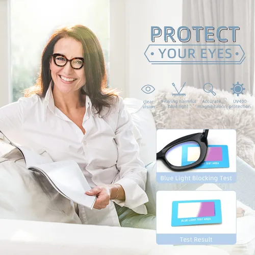 Miniatura 6 de Gafas de lectura de ojo de gato de gran tamaño para mujer, lentes de bloqueo de luz azul para computadora, estilo retro negro
