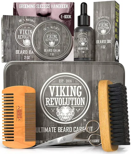 Viking Revolution - Kit definitivo para barba - Kit de aseo para barba con cepillo para barba, peine para barba, bálsamo para barba, aceite de