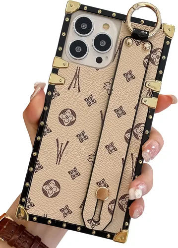 Miniatura 10 de Funda rectangular de cuero compatible con 11 con correa para muñeca, funda de diseñador de lujo para mujeres y niñas, funda protectora con soporte