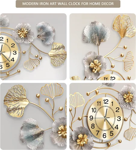 Miniatura 6 de Relojes para sala de estar, reloj de pared grande, reloj de pared silencioso 3D, diseño retro de hoja de ginkgo de metal, para dormitorio, cocina