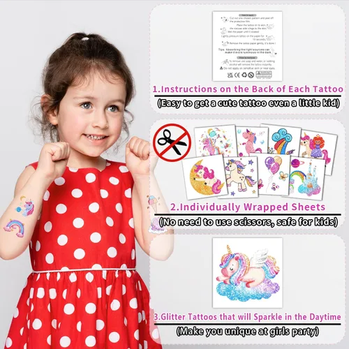 Miniatura 2 de Partywind Tatuajes temporales con purpurina para niños y niñas, suministros de fiesta de cumpleaños, decoraciones de recuerdos, bolsas de regalos
