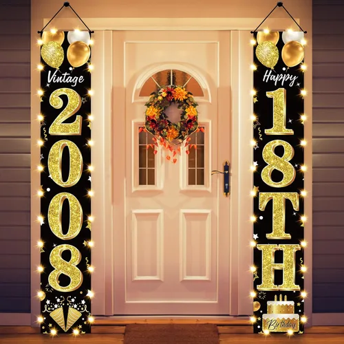 Cartel de fiesta de cumpleaños número 18 con luces LED para hombres y mujeres - Carteles de puerta de cumpleaños número 18 en negro y dorado vintage
