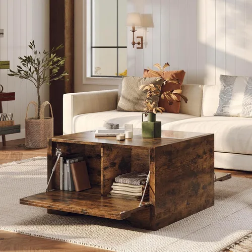 Bestier Mesa de centro de granja de 31.5 pulgadas con almacenamiento, mesas de centro cuadradas LED para sala de estar, mesa central de madera con