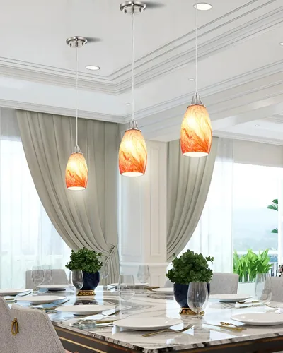 Miniatura 33 de karyfine Mini lámparas colgantes de vidrio artístico para isla de cocina, hechas a mano en color teja con vidrio dorado, iluminación colgante