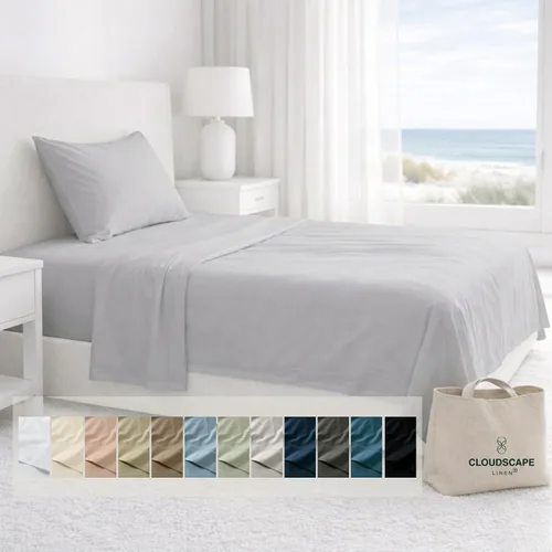 Miniatura 21 de Cloud Scape Linen - Juego de sábanas de algodón egipcio de doble capa, tamaño individual, tejido de satén de fibra larga, juego de 3 piezas, ropa