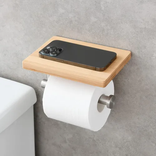Miniatura 3 de Tecmolog Soporte de rollo de papel de acero inoxidable Soporte de pared para papel higiénico con estante de almacenamiento de madera, níquel Níquel