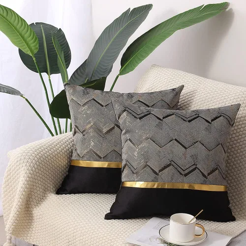 Miniatura 7 de Juego de 2 fundas de almohada decorativas de 18 x 18 pulgadas, de cuero beige dorado a rayas, jacquard, funda de cojín cuadrada moderna de lujo
