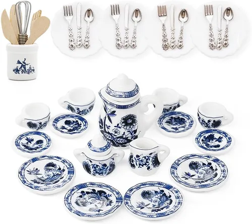 Miniatura 10 de Odoria 1/12 Juego de té de porcelana en miniatura Platos y cubiertos Utensilios de cocina Accesorios para casa de muñecas, azul mediterráneo
