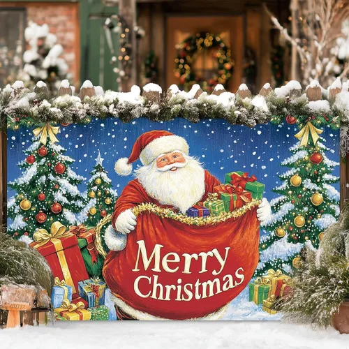 Miniatura 6 de HOMETITUTE Cartel de Feliz Navidad de Papá Noel de 71 x 43 pulgadas, telón de fondo navideño con bolsa de regalo y árbol de Navidad para interiores