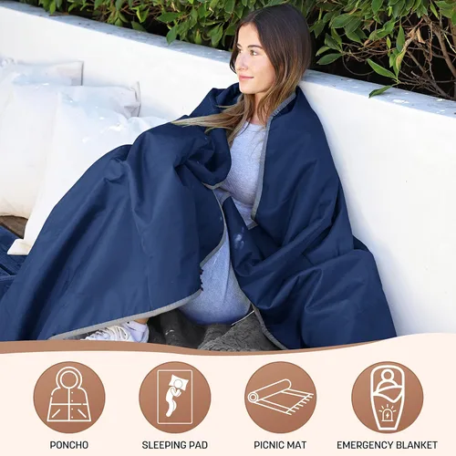 Miniatura 2 de Tirrinia Manta impermeable para exteriores con forro sherpa, resistente al viento, triple capa, cálida y cómoda, plegable para camping, estadio