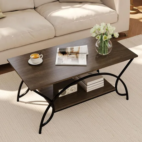 Miniatura 8 de GOFLAME Mesa auxiliar industrial, mesa central rectangular de 2 niveles con estante de almacenamiento, mesa decorativa con marco de metal arqueado