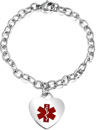 Cadena de eslabones personalizable, diseño de alerta médica, color rojo, con forma de corazón, grabada, para mujeres, adolescentes, tono plateado,