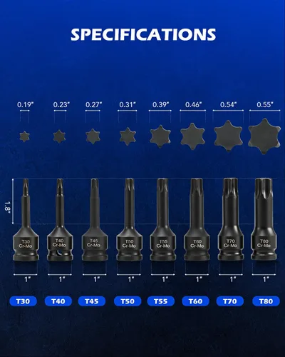 Miniatura 3 de Orion Motor Tech Juego de vasos de impacto de torx de 8 piezas de 1/2", juego de vasos de torx T30 T40 T45 T50 T55 T60 T70 y T80, juego de vasos