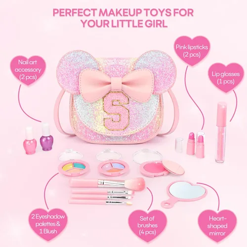 Miniatura 6 de Kit de maquillaje para niñas – Juego de maquillaje lavable real de 15 piezas – Cosmético no tóxico para niños pequeños con bolso de letras – Regalos