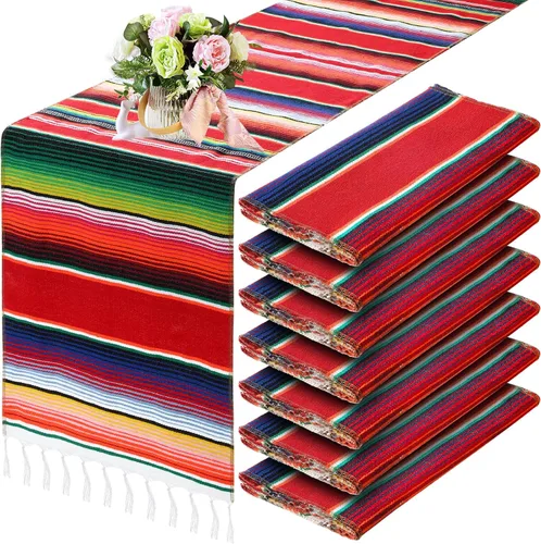 Miniatura 14 de Tegeme 12 Piezas Caminos de Mesa Mexicanos 14 x 84 Pulgadas Camino de Mesa Mexicano Serape Manta Decorativa con Flecos de Algodón Decoración