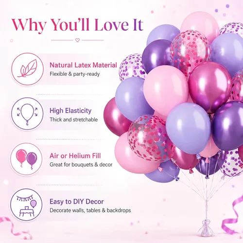 Miniatura 3 de Globos rosados y morados, 50 unidades de 12 pulgadas, globos de confeti, globos de látex metálicos rosados y morados con cinta, globos de fiesta