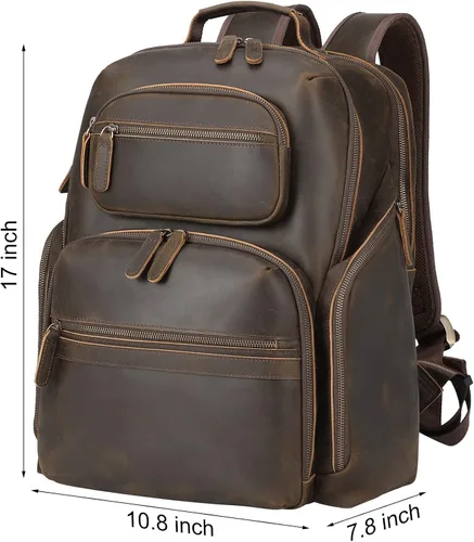 Miniatura 5 de TIDING Mochila para portátil de cuero vintage de 15.6 pulgadas para hombre, con múltiples bolsillos, mochila de viaje para negocios